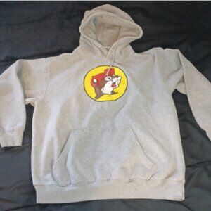 Buc-ees Hoodie Size L Grey Sweatshirt Kangaroo Pocket Graphic on Front